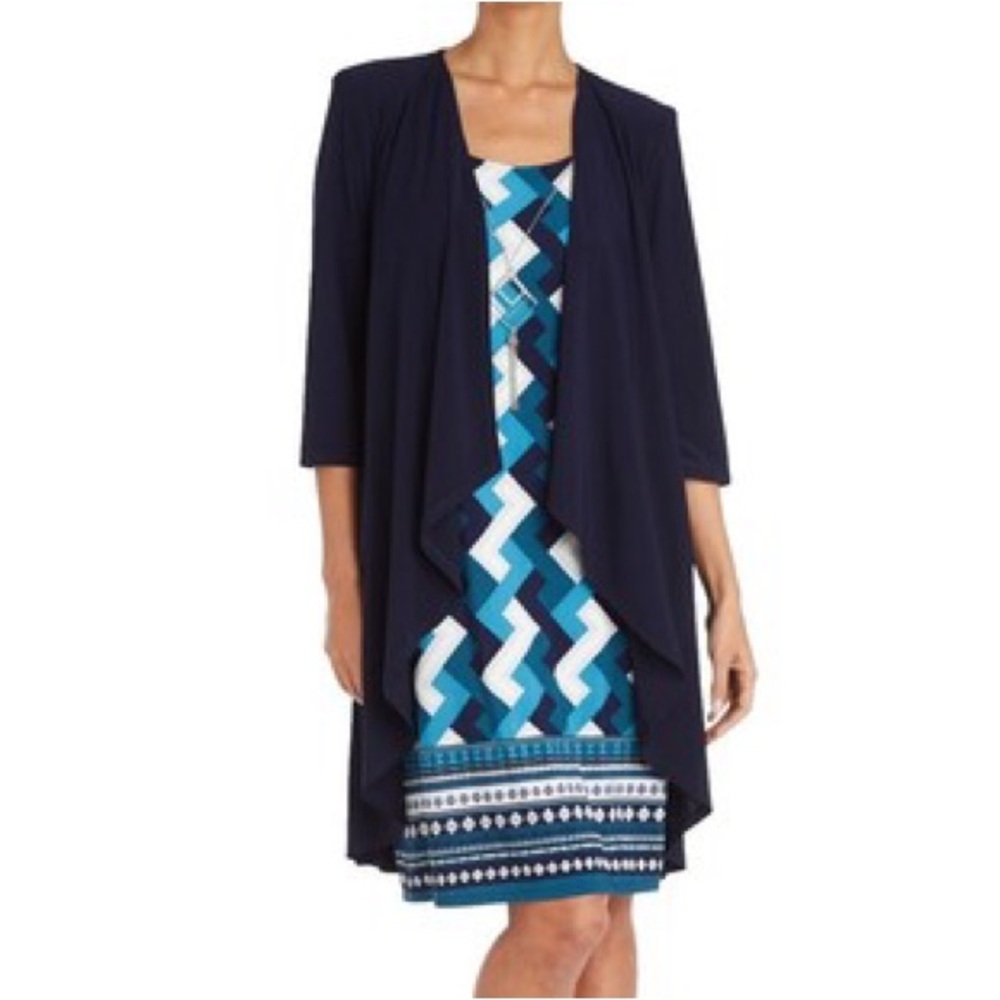 R & M Richard’s Petite Ladies Geometric Print Navy/Teal Jacket Dress. Size 10P.